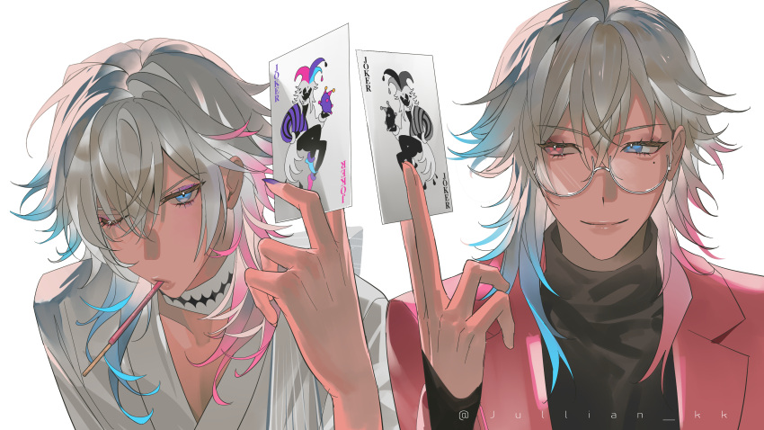 2boys, absurdres, androgynous, bettel_2_(gavis_bettel), bishounen, black_sweater, blue_eyes, blue_hair