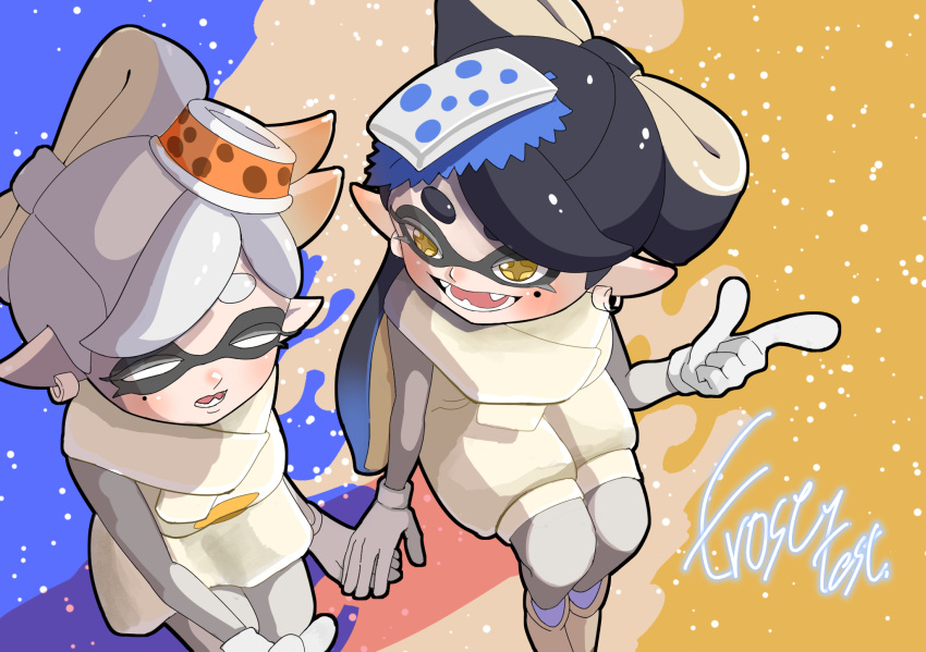 2girls, blue_background, bow-shaped_hair, callie_(splatoon), closed_eyes, cousins, earrings, food