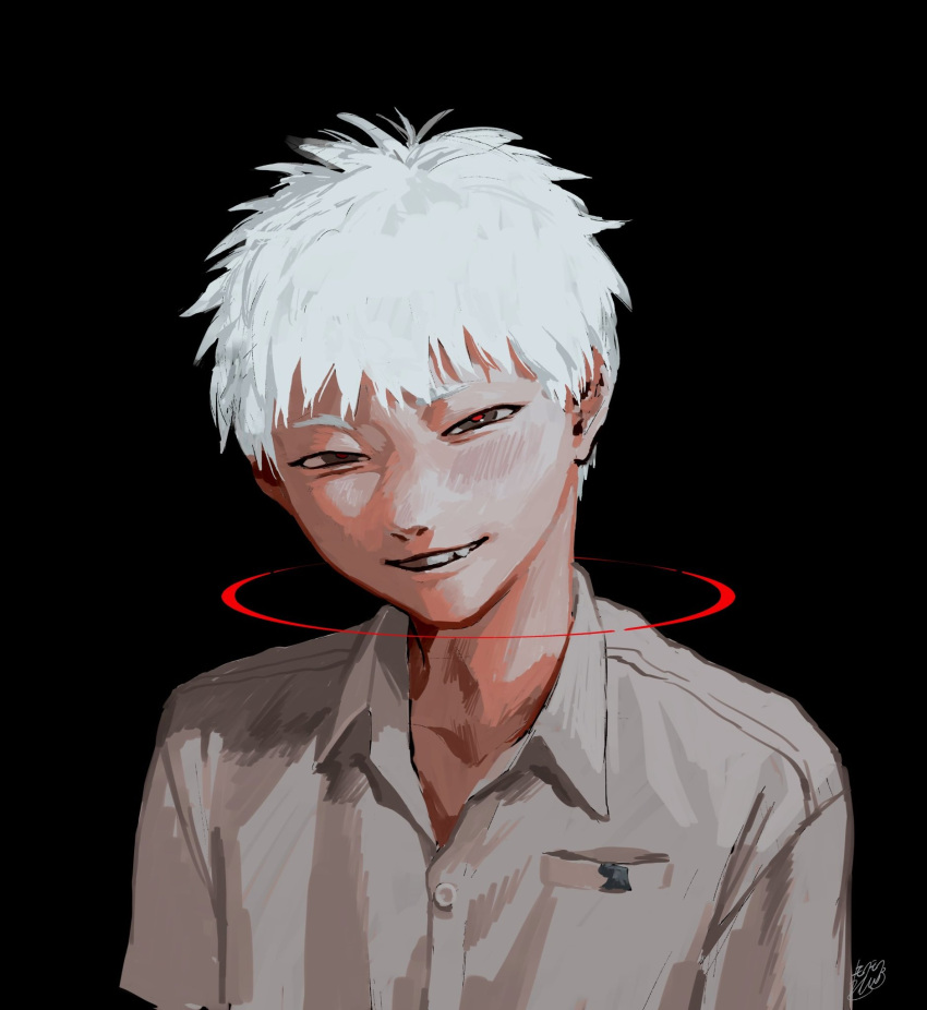 1boy, arms_at_sides, black_background, blush, breast_pocket, chipped_tooth, circle, collared_shirt