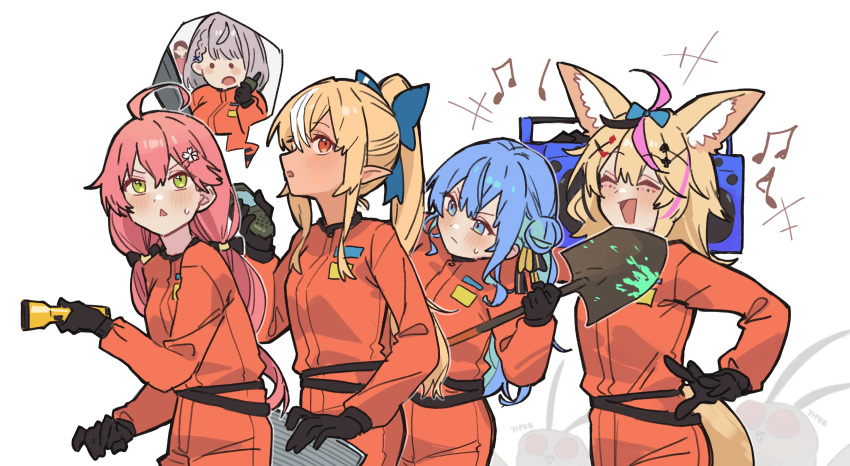 5girls, absurdres, ahoge, animal_ear_fluff, animal_ears, black_bow, black_gloves, black_hair
