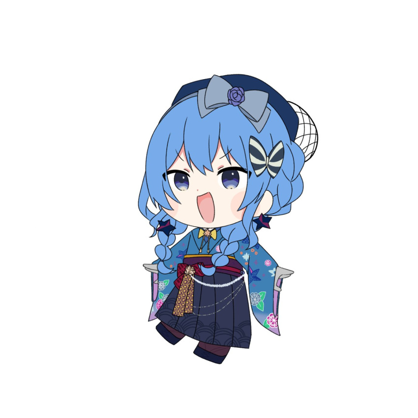 1girl, :d, beret, blue_bow, blue_eyes, blue_footwear, blue_hair, blue_hakama