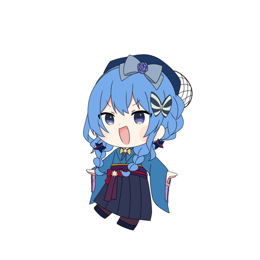 1girl, :d, beret, blue_bow, blue_eyes, blue_footwear, blue_hair, blue_hakama