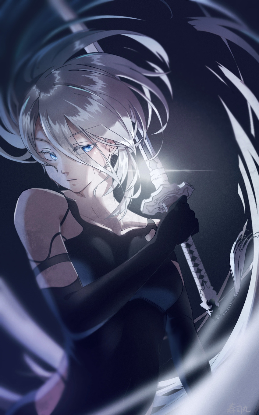 1girl, a2_(nier:automata), absurdres, armlet, bare_shoulders, black_gloves, black_tank_top, blue_eyes