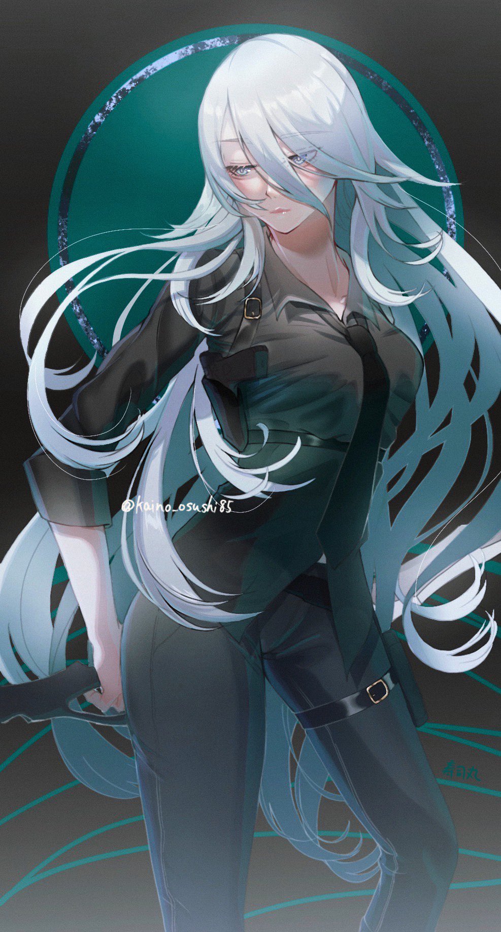 1girl, a2_(nier:automata), black_necktie, black_pants, black_shirt, closed_mouth, collarbone, collared_shirt
