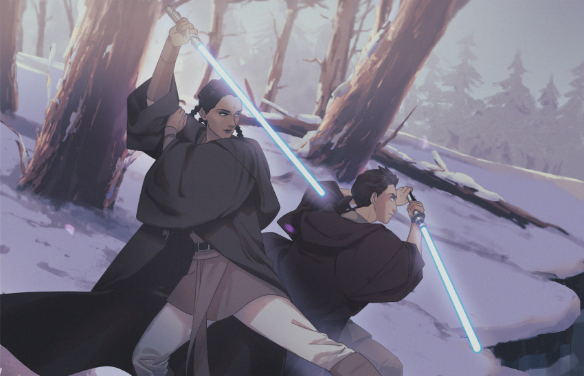 0109_(artist), 1boy, 1girl, belt, blue_lightsaber, boots, braid, braided_hair_rings, brown_cloak, brown_footwear, brown_hair, brown_tunic, cloak, dark-skinned_female, dark_skin, depa_billaba, energy_sword, fighting_stance, highres, holding_lightsaber, jedi, kanan_jarrus, lightsaber, master_and_padawan, pants, single_braid, snow, star_wars, star_wars:_rebels, sword, tree, weapon, white_pants, winter