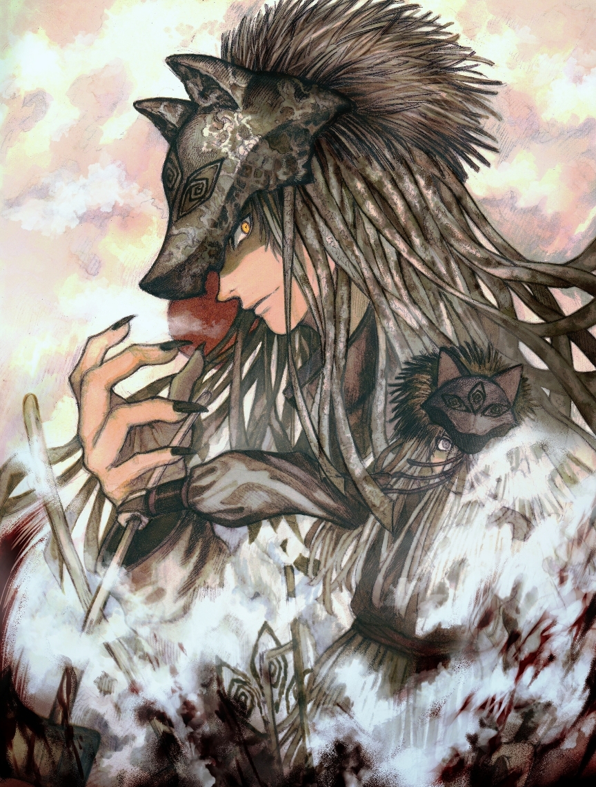 1boy, araken, black_nails, blood, blood_splatter, blood_spray, brown_jacket, claws