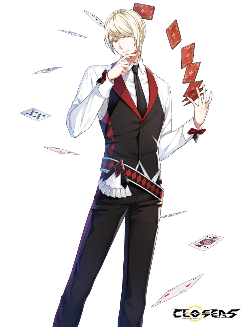 1boy, belt, black_belt, black_necktie, black_pants, black_vest, blonde_hair, card