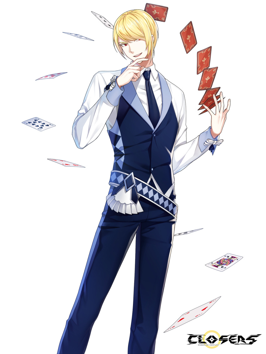 1boy, :d, alternate_hair_color, belt, blonde_hair, blue_belt, blue_necktie, blue_pants