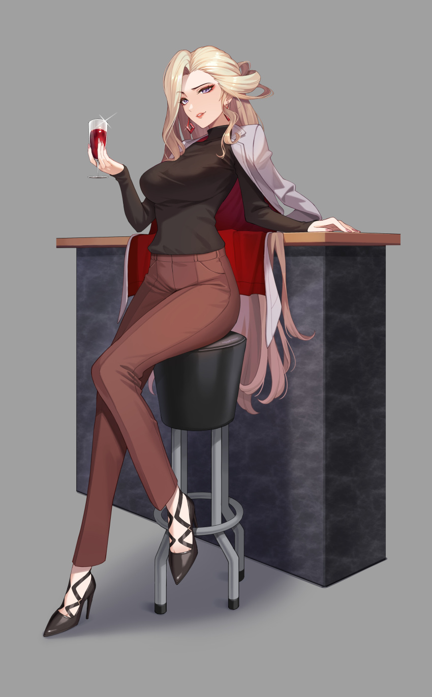 1girl, absurdres, alcohol, alternate_costume, black_footwear, black_shirt, blonde_hair, breasts