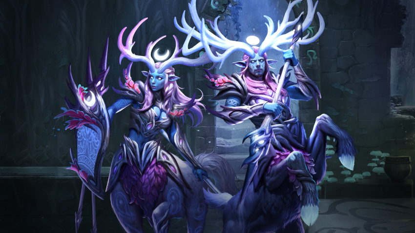 1boy, 1girl, absurdres, arak_(bloodline_heroes_of_lithas), bloodline_heroes_of_lithas, blue_skin, centaur, colored_skin