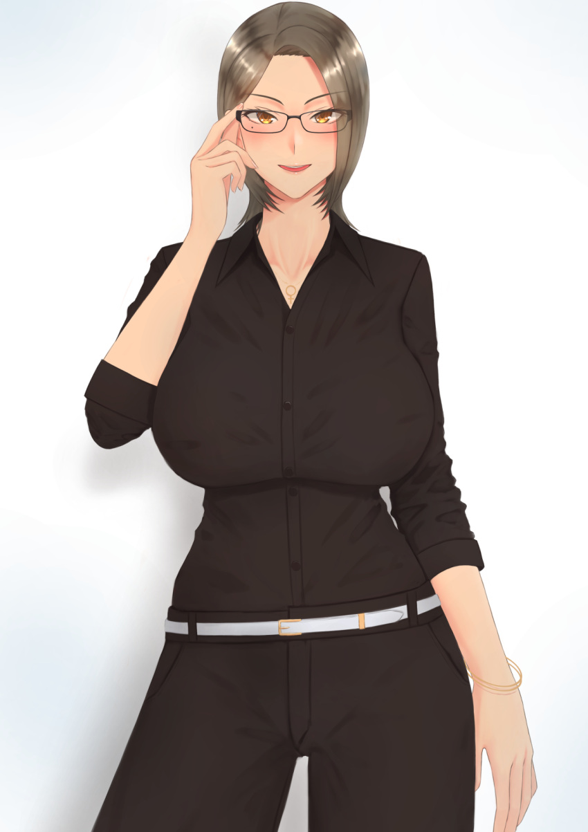 1girl, adjusting_eyewear, belt, bitter_(38399521), black-framed_eyewear, black_pants, black_shirt, bracelet