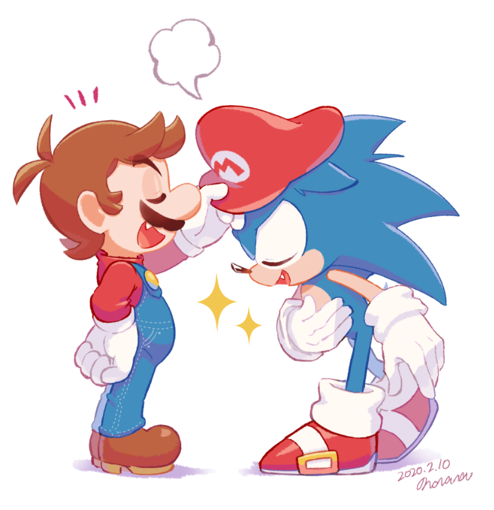 2boys, :d, ^_^, antenna_hair, artist_name, blue_overalls, blue_pants, bowing