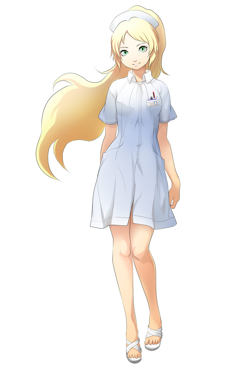 chou_shittou_caduceus, feet, green_eyes, highres, legs, long_hair, moocharuto, nurse