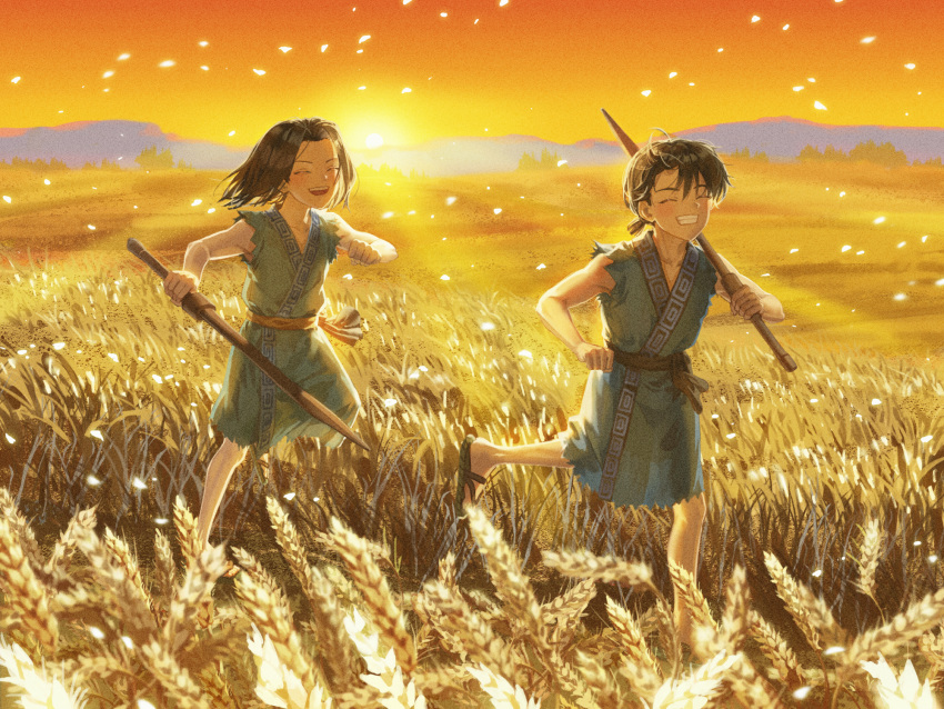2boys, aged_down, bare_arms, bare_shoulders, black_hair, carrying_over_shoulder, child, chinese_clothes