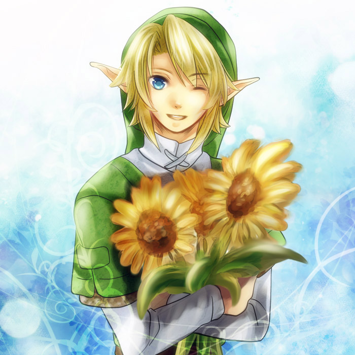 blue_eyes, flower, grin, hat, link, nintendo, pointy_ears, smile