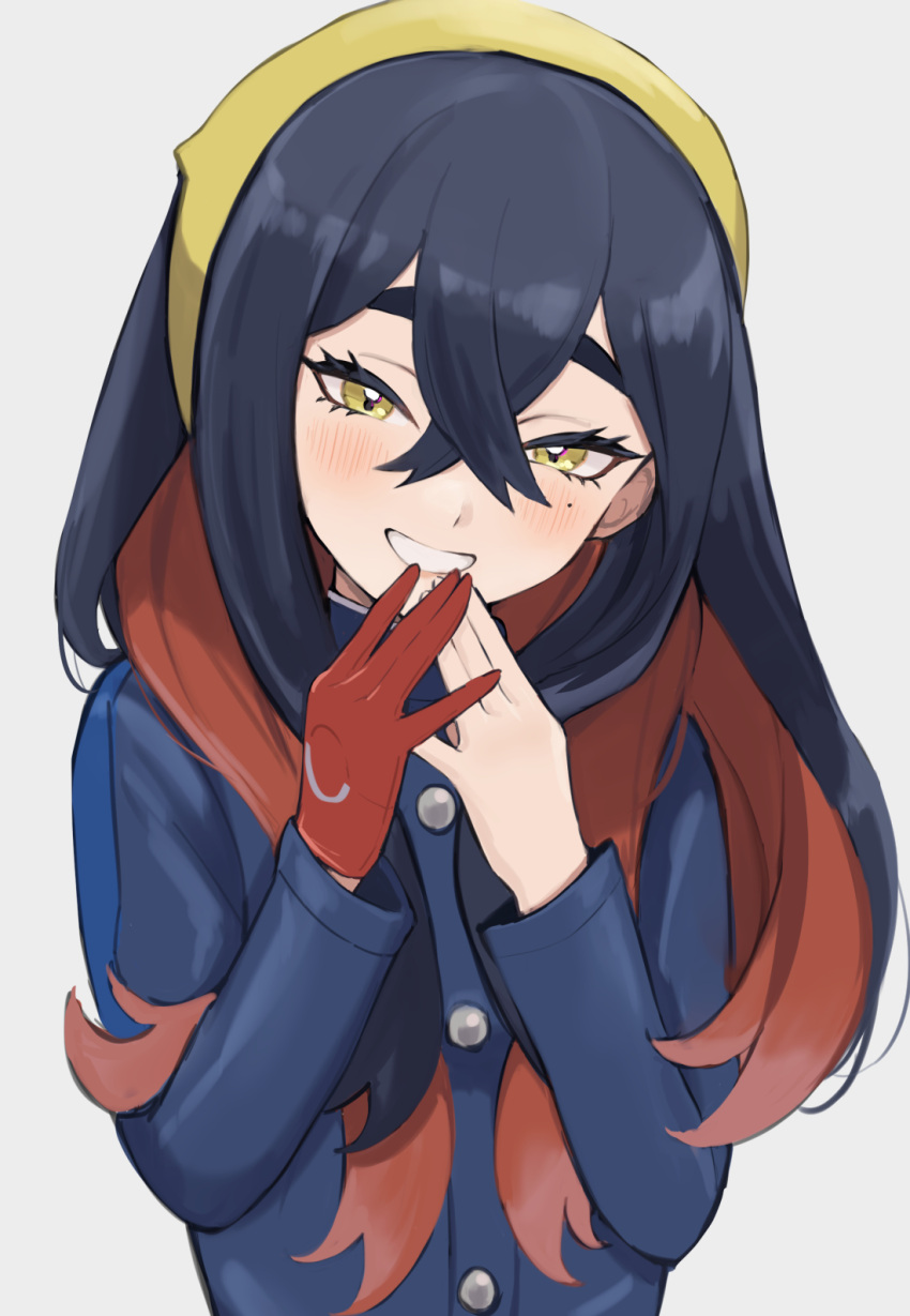 1girl, black_hair, blue_jacket, blueberry_academy_school_uniform, blush, buttons, carmine_(pokemon), colored_inner_hair