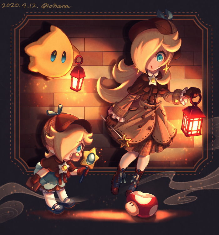 2girls, :o, aqua_dress, aqua_eyes, artist_name, baby, baby_rosalina, black_footwear