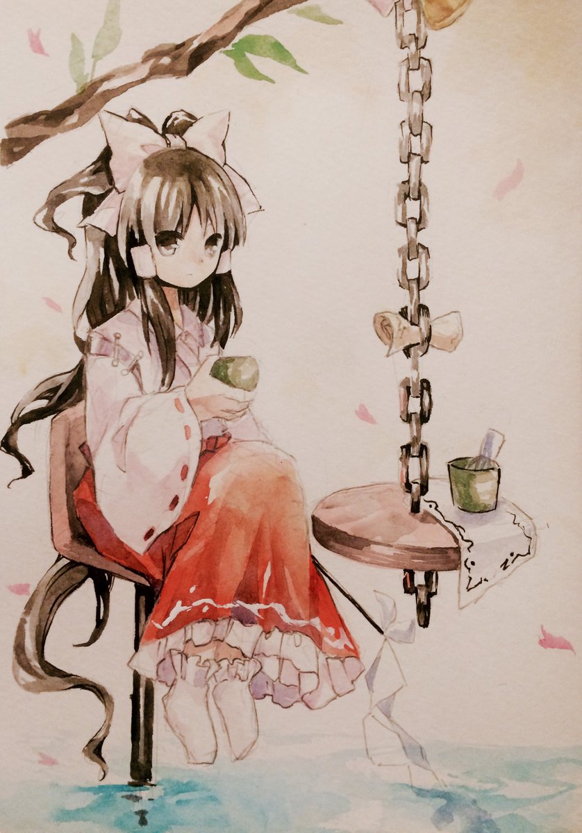 1girl, black_eyes, black_hair, closed_mouth, commentary_request, cup, detached_sleeves, expressionless