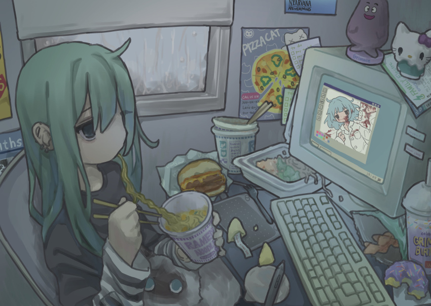 1girl, absurdres, bags_under_eyes, black_eyes, burger, cat, chopsticks, desktop