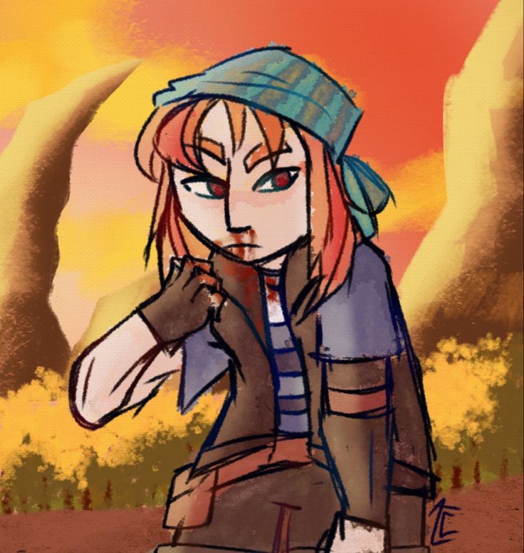 1girl, black_gloves, black_jacket, blood, blood_on_hands, blood_on_nose, blue_bandana, blue_shirt