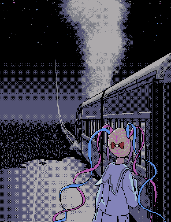 1girl, blue_hair, bow, chouzetsusaikawa_tenshi-chan, eencya, from_behind, ginga_tetsudou_no_yoru, grey_hair, hair_bow, locomotive, long_hair, long_sleeves, multicolored_hair, needy_girl_overdose, night, official_art, outdoors, pink_hair, pixel_art, pleated_skirt, quad_tails, railroad_tracks, sailor_collar, school_uniform, second-party_source, serafuku, skirt, sky, solo, star_(sky), starry_sky, steam_locomotive, surreal, train, upper_body, very_long_hair