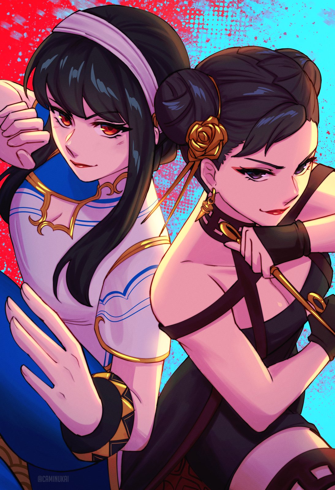 2girls, alternate_costume, black_dress, black_eyes, black_hair, blue_dress, blue_pants, caminukai, china_dress, chinese_clothes, chun-li, chun-li_(cosplay), closed_mouth, commentary, cosplay, costume_switch, crossover, dagger, double_bun, dress, earrings, english_commentary, gold_trim, hair_bun, hair_ornament, hairband, highres, holding, holding_dagger, holding_knife, holding_weapon, jewelry, knife, lips, lipstick, long_hair, looking_at_viewer, makeup, multiple_girls, pants, red_eyes, red_lips, short_sleeves, sleeveless, sleeveless_dress, smile, spy_x_family, stiletto_(weapon), street_fighter, street_fighter_6, twitter_username, weapon, white_hairband, yor_briar, yor_briar_(cosplay)