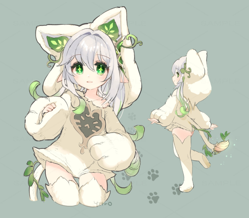 1girl, alternate_costume, animal_hands, animal_hood, cat_hood, fake_tail, genshin_impact, gloves, gradient_hair, green_eyes, green_hair, grey_hair, hood, long_hair, looking_at_viewer, multicolored_hair, multiple_views, nahida_(genshin_impact), paw_gloves, paw_print, plant, pointy_ears, simple_background, smile, standing, standing_on_one_leg, symbol-shaped_pupils, tail, thigh-highs, toro_astro, vines, white_hood, white_thighhighs