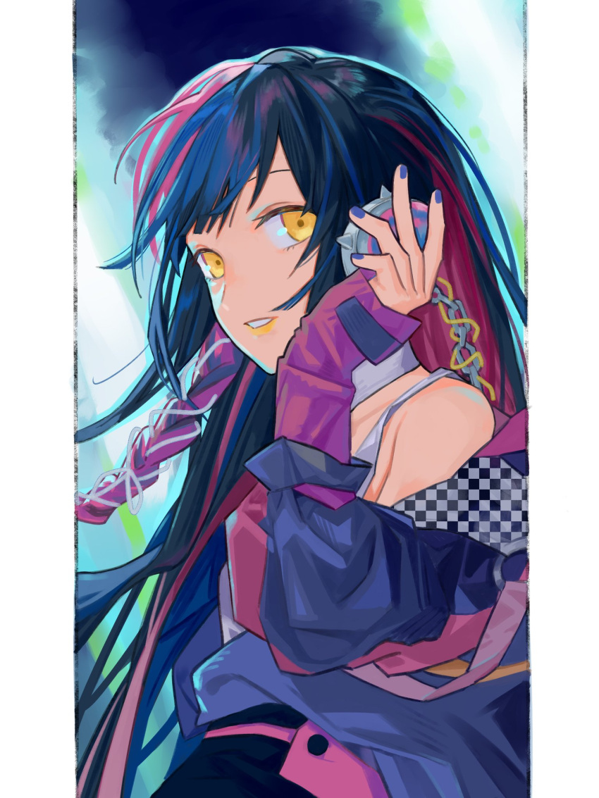 1girl, abstract_background, black_hair, blue_background, blue_hair, blue_jacket, blue_nails, braid