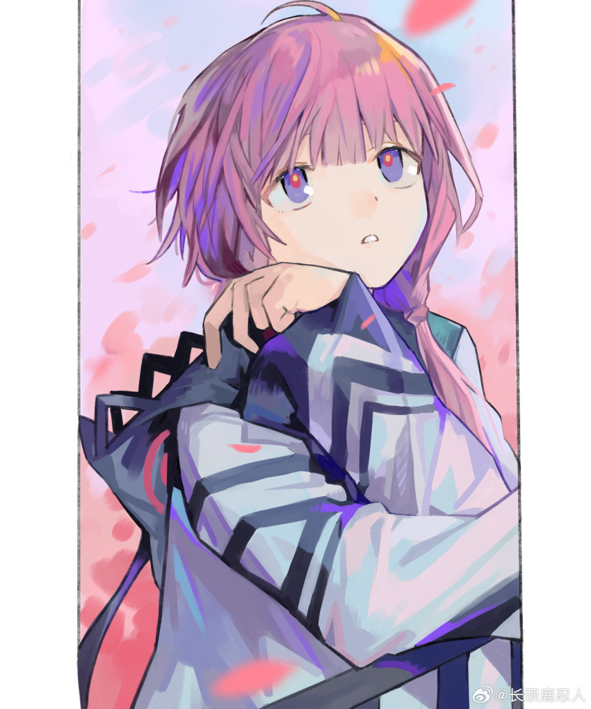 1girl, absurdres, against_railing, blue_eyes, changjingliu_ren_ren, cherry_blossoms, chinese_commentary, commentary_request