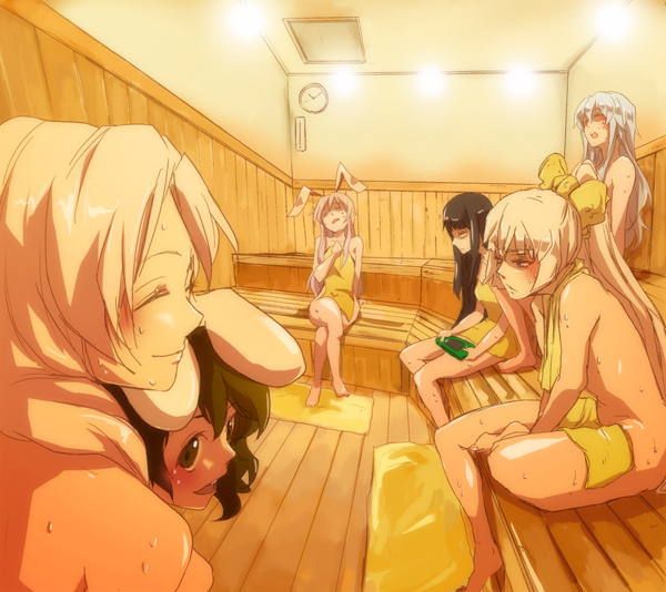al-34, everyone, fujiwara_no_mokou, houraisan_kaguya, inaba_tewi, kamishirasawa_keine, multiple_girls, nude, playing_games, reisen_udongein_inaba, sauna, touhou, towel, yagokoro_eirin