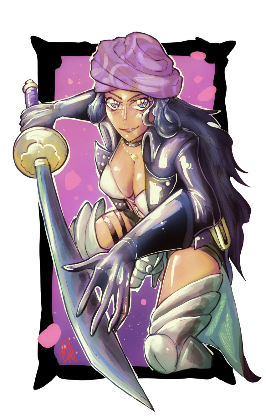 1girl, bikini, bikini_top_only, boutsoftheblind, choker, coat, gloves, head_scarf, high_heels, highres, holding, holding_sword, holding_weapon, long_hair, looking_at_viewer, nico_robin, one_piece, one_piece_film:_red, purple_background, purple_scarf, scarf, smile, solo, swimsuit, sword, weapon, white_background, white_bikini