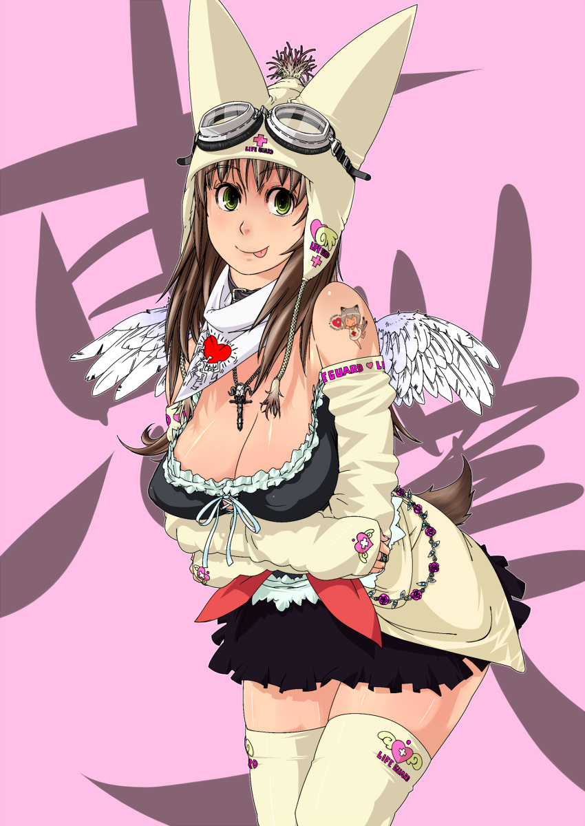 :p, animal_ears, bare_shoulders, breasts, brown_hair, cleavage, goggles, goggles_on_head