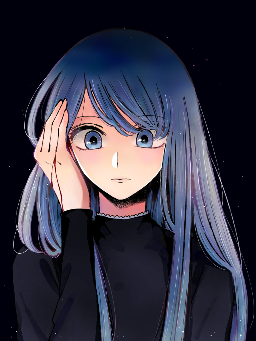 1girl, black_shirt, blood, blood_on_hands, blue_background, blue_eyes, blue_hair, closed_mouth