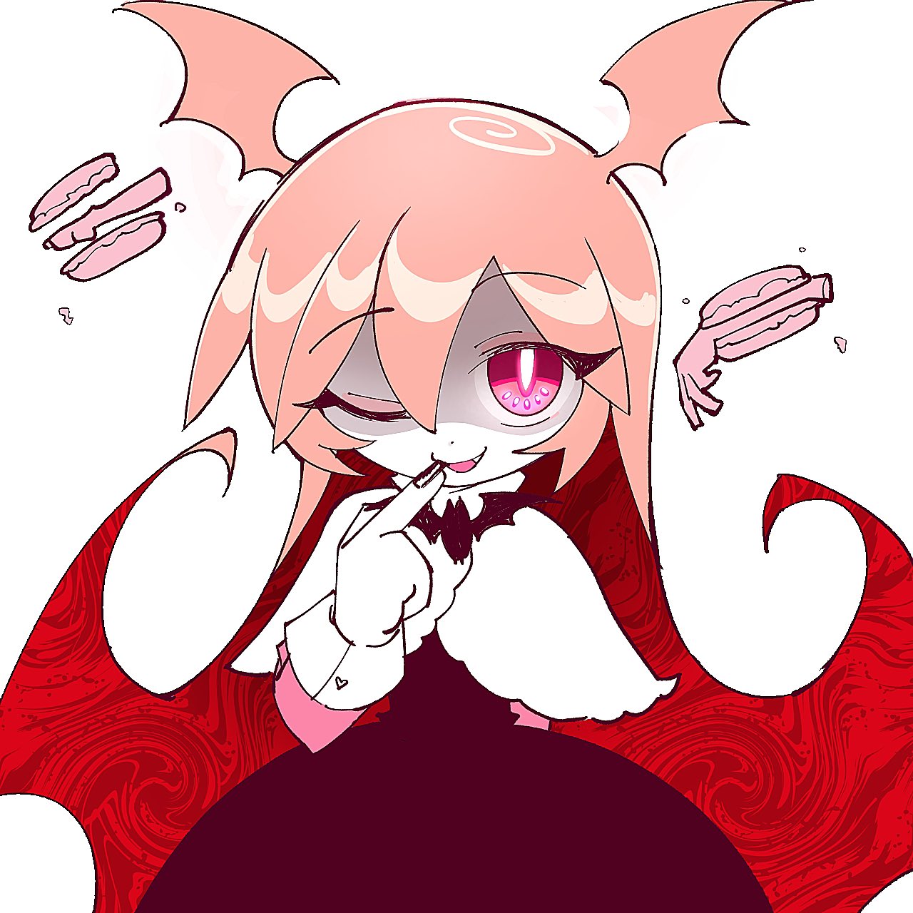1girl, ;), arm_behind_back, bat_wings, black_dress, capelet, colored_skin, dress