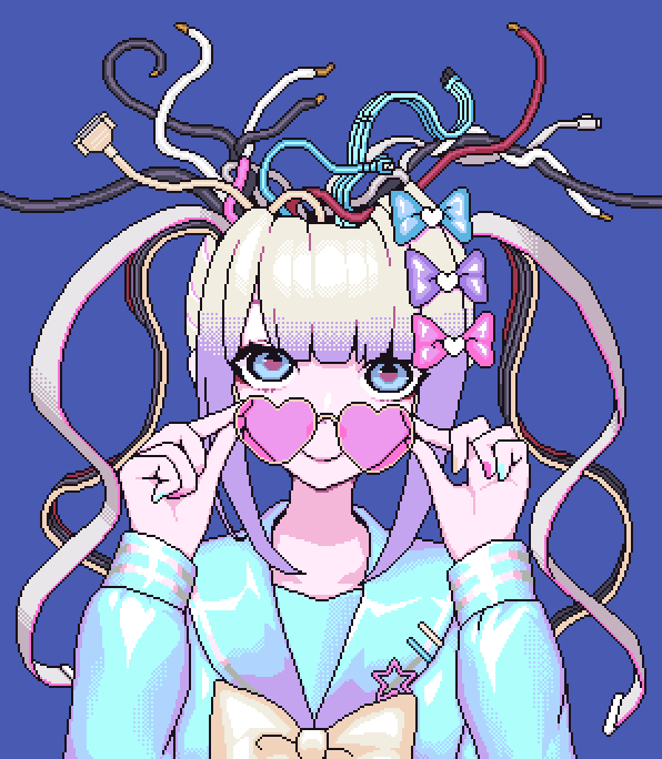 1girl, blue_background, blue_eyes, bow, bowtie, cable, chouzetsusaikawa_tenshi-chan, cracked_skin