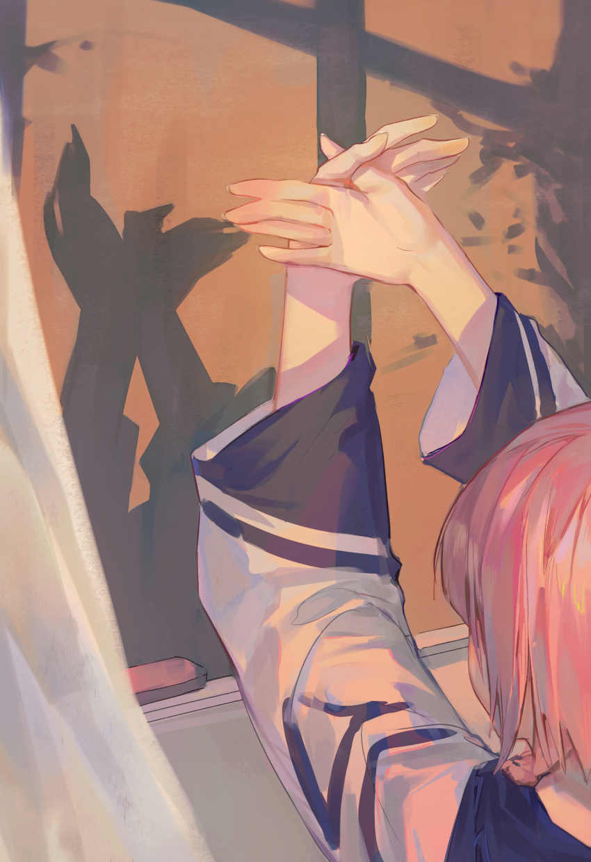 1girl, absurdres, arms_up, bird_shadow_puppet, board_eraser, braid, chalkboard, chinese_commentary