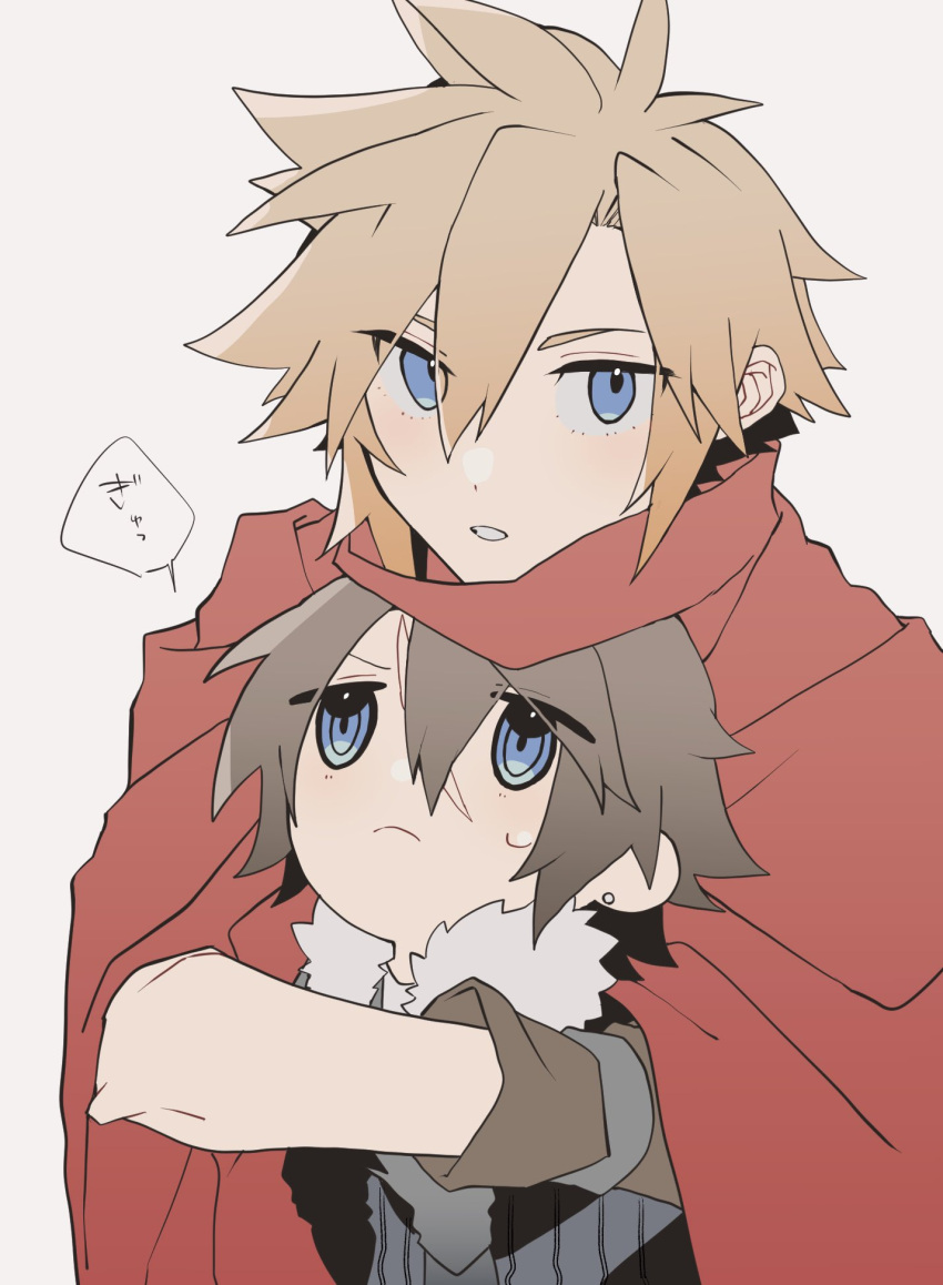 2boys, black_gloves, black_jacket, blonde_hair, blue_eyes, brown_gloves, cape, chibi