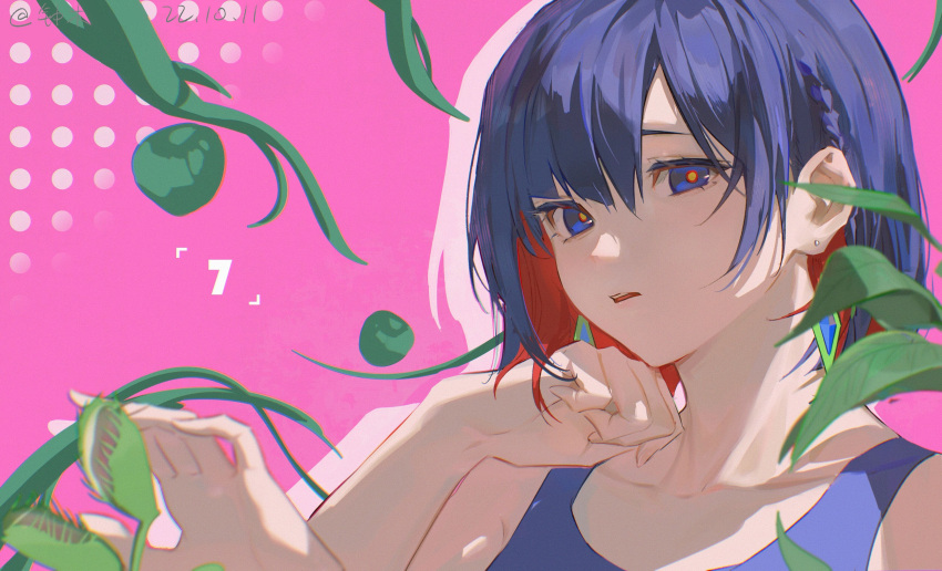 1girl, absurdres, artist_name, blue_eyes, blue_hair, blue_shirt, blurry, blurry_foreground