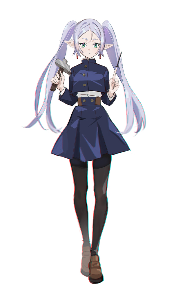 cosplay, cut_bangs, earrings, elf, frieren, hammer, holding, holding_hammer