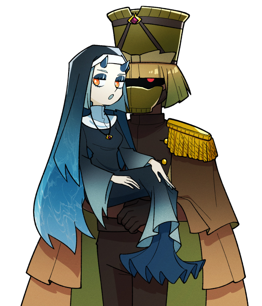 1boy, 1girl, :o, aknsnmg, amulet, black_dress, blue_dress, blue_hair