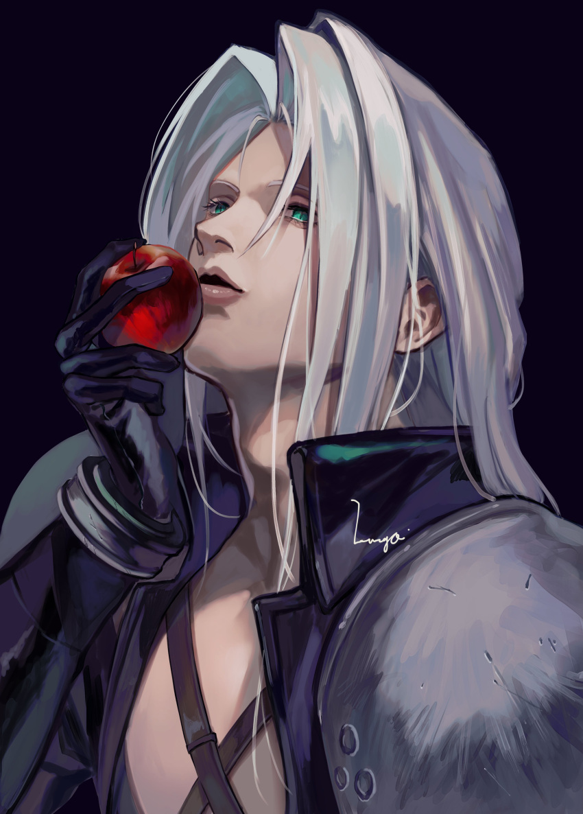 1boy, absurdres, apple, armor, black_background, black_coat, black_gloves, chest_strap