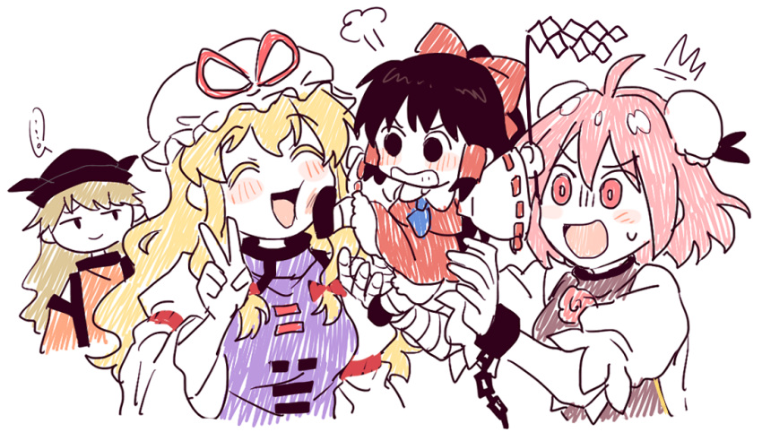 4girls, aged_down, ascot, bandaged_arm, bandages, blonde_hair, blue_ascot, blush