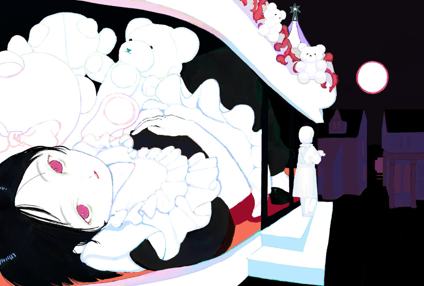 2girls, absurdres, apron, black_background, black_dress, black_hair, building, colored_skin, dress, facing_away, frilled_apron, frills, full_moon, giant, giantess, hand_on_own_stomach, highres, house, looking_at_viewer, lying, moon, multiple_girls, on_back, original, perspective, red_eyes, short_hair, short_sleeves, size_difference, skna_i, standing, stuffed_animal, stuffed_toy, teddy_bear, white_apron, white_skin
