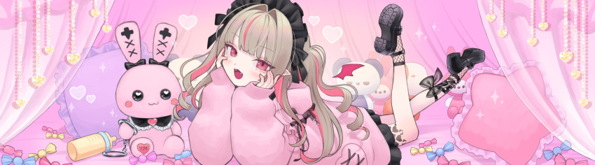 1girl, baby_bottle, black_dress, black_footwear, black_headdress, blush, bottle, candy