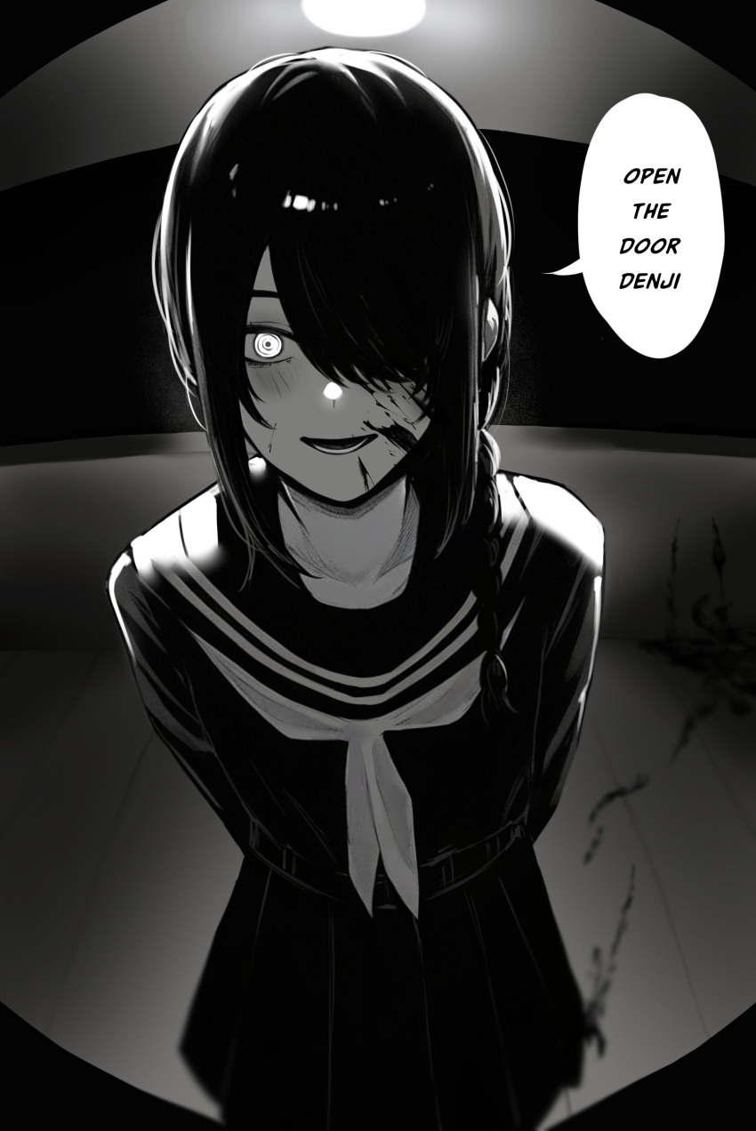 1girl, absurdres, arms_behind_back, backlighting, blood, blood_on_face, blood_splatter, blouse