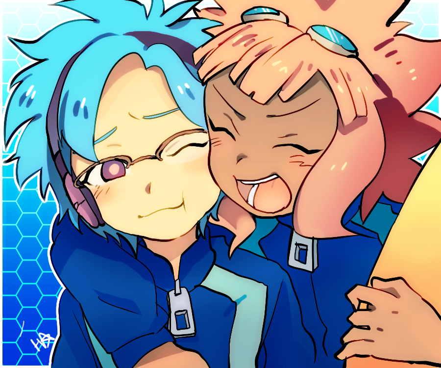 bad_id, blue_hair, glasses, goggles, headphones, hug, inazuma_eleven, multiple_boys
