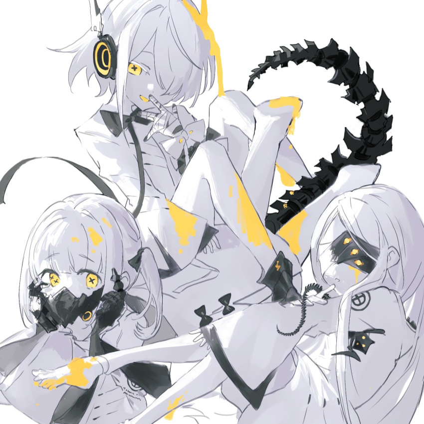 3girls, black_mask, black_tail, blindfold, blue_archive, colored_skin, covered_eyes, dress
