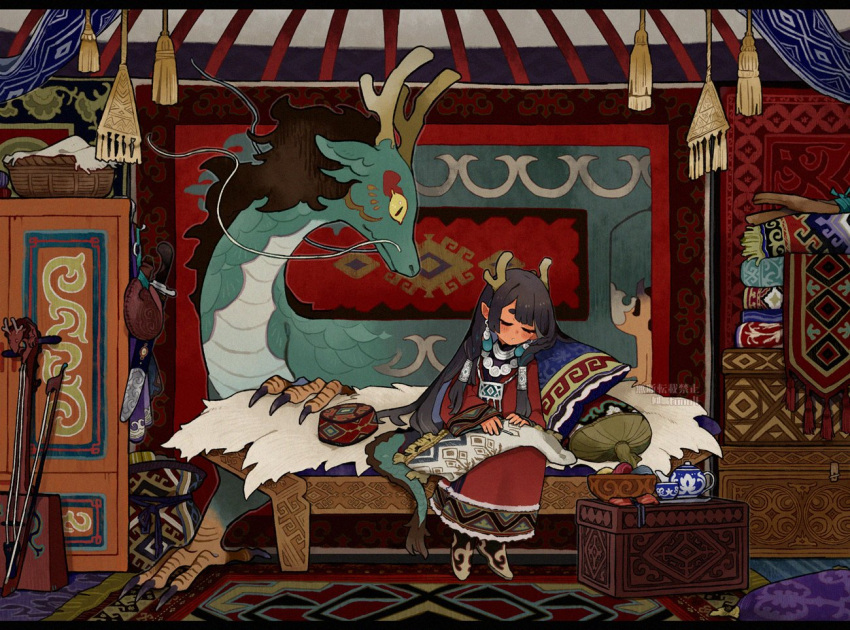 1girl, basket, black_hair, blunt_bangs, bowl, carpet, claws, closed_eyes