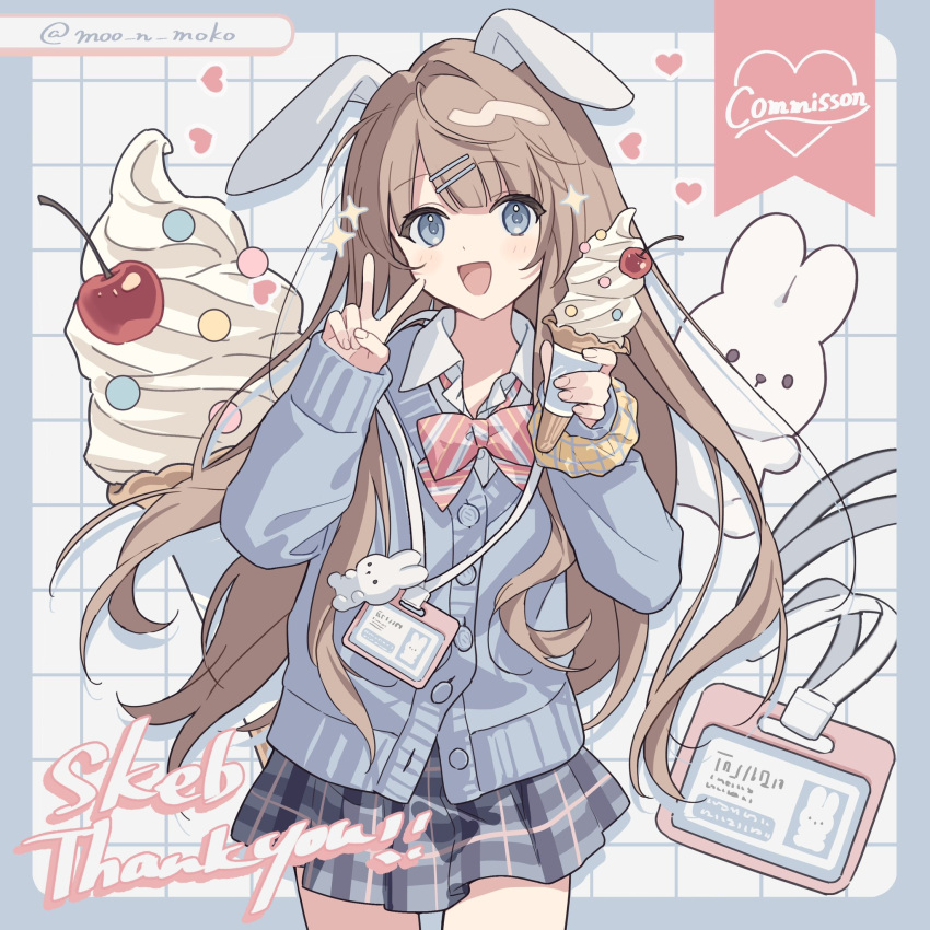 1girl, animal_ears, blue_cardigan, brown_hair, cardigan, collared_shirt, commission, food, grey_skirt, hair_ornament, hairclip, highres, holding, holding_food, holding_ice_cream, ice_cream, long_hair, long_sleeves, moo_n_moko, open_mouth, original, rabbit, rabbit_ears, shirt, skeb_commission, skirt, smile, v, white_shirt