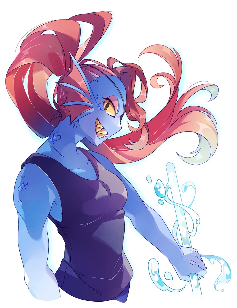 1girl, bare_arms, bare_shoulders, black_eyes, black_tank_top, blue_skin, collarbone, colored_sclera